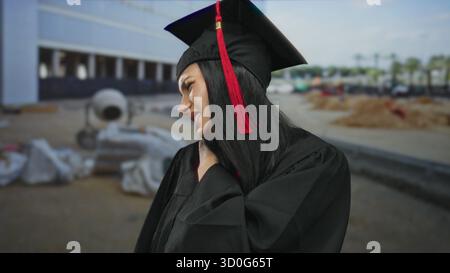 Junge hispanische Frau in Abschlussuniform auf der Baustelle sieht nachdenklich aus mit Hand auf Schulter unter sonnigem Himmel. Stockfoto
