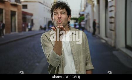 Ein hispanischer Mann, der auf einer charmanten Straße lächelt und einen Kuss bläst, zeigt einen lässigen und fröhlichen Moment im Freien und unterstreicht seinen schönen Stil in einem urba Stockfoto