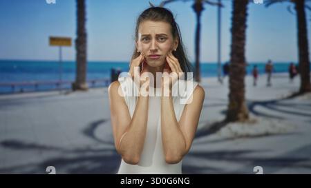 Junge Frau mit den Händen auf den Wangen für Zahnschmerzen auf der Straße Strandpromenade neben Palmen und Meer, Augen geschlossen drückenden Kiefer; Unwohlsein Zahnschmerzen Stockfoto