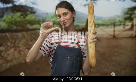 Bäckerin mit Denim-Schürze und klaren Handschuhen, die ein langes Baguette mit Daumen auf sich selbst auf dem Waldmarkt halten; stolz auf Handwerkskunst. Stockfoto