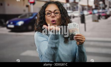 Frau in der isländischen Stadtstraße, die fröhlich isländische Kronen-Banknoten hält, lächelt und einen Kuss an die Kamera sendet, was für finanzielles Glück und steht Stockfoto