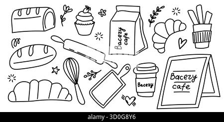 Schwarz-weiß Backwaren Doodle Set mit Brot, Croissant, Kaffee, Schneebesen, Cupcake, und Verpackung. Perfekt für Café-Branding, Menü oder Muster. Stock Vektor