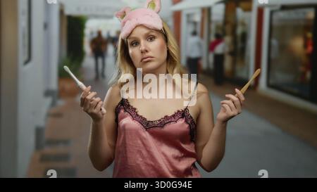 Frau in Nachtwäsche mit Zahnbürsten auf einer Straße in der Stadt nachts, trägt eine Schlafmaske mit Hasen, die eine Nachtroutine im Freien widerspiegelt. Stockfoto