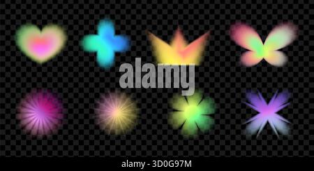 Futuristischer Y2K-Verlauf mit Herzen, Sternen und Schmetterlingen. Lebendiges holografisches Leuchten in Rosa- und Violetttönen. Trendige Retro-Formen für Poster und Stock Vektor