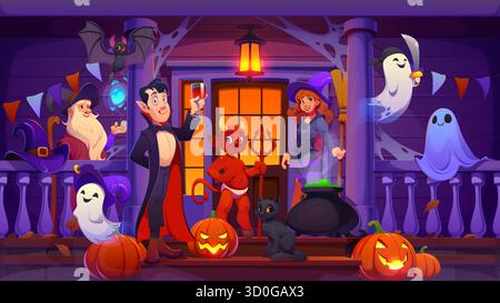 Halloween-Veranda mit gruseligen Zeichentrickfiguren Stock Vektor