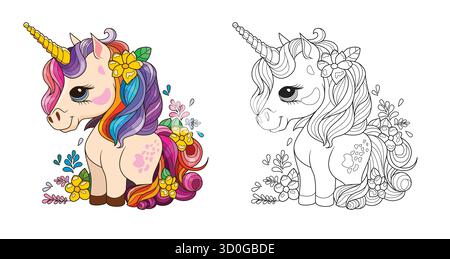 Niedlicher Einhorn-Zeichentrick mit bunter Mähne Stock Vektor