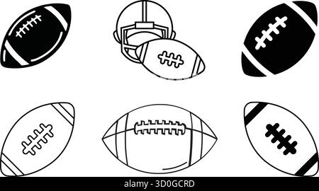 Eine minimalistische Strichkunstdarstellung eines American Football, präsentiert in Umrissform vor einem massiven schwarzen Hintergrund. Stock Vektor