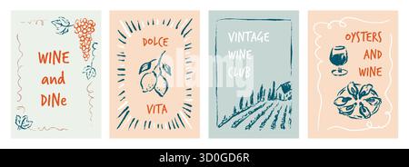 Set handgezeichneter Kritzelkreide, Kreide, Pastell, Pinselweinposter. Bleistiftzeichnung für Weinberg, Weinbau, italienische, französische Weinbauernhof. Stock Vektor