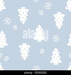 Nahtloses Weihnachtsmuster mit weißen Bäumen und Schneeflocken auf blauem Hintergrund Stock Vektor