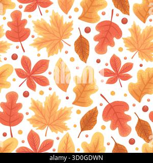 Der Herbst hinterlässt ein nahtloses Muster. Herbstlaub-Vortex-Design. Handgezeichneter herbstlicher Hintergrund. Trockenes Ahornblatt, goldgelbe Birke, roter rowan usw. Stock Vektor