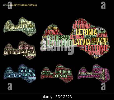 Lettland. Satz typografischer Länderabbildungen. Lettland Kartenform aus horizontalen und vertikalen Ländernamen. Vektorabbildung. Stock Vektor