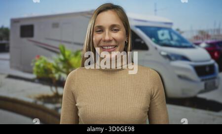 Frau lächelt draußen im Stadtgebiet mit Wohnmobil im Hintergrund unter hellem Himmel tagsüber Stockfoto