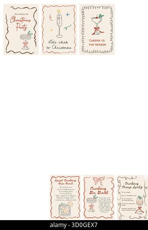Set aus drei Retro-Weihnachtscocktail-Karten mit handgezeichneten Gläsern, stechpalme und Bändern. Skurriler Doodle-Stil mit Weihnachtsgrüßen und festlichem Ambiente Stock Vektor