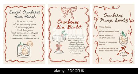 Rezeptkarten für Retro-Weihnachtscocktails mit handgezeichneten Festgetränken. Cranberry Rum Punsch, Gin Gimlet und Orangenspritz. Skurriler Doodle-Stil mit Stock Vektor