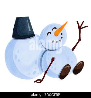 Lustiger, fröhlicher Schneemann. Handgezeichnete Aquarellillustration. Stockfoto
