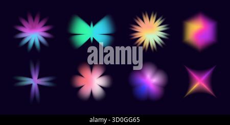 Abstrakte Verlaufsblumen und Sterne in Neonrosa und Blautönen. Glänzende holografische Y2K-Symbole mit sanfter Aura und fließendem Glühen. Perfekt für moderne Ästhetik Stock Vektor