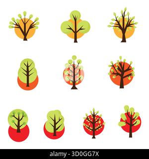 Ein Vektorsatz aus einfachen Baumelementen mit bunten Blättern, die verschiedene Jahreszeiten darstellen. Perfekt für Naturdesigns, Ökokonzepte und Bildungseinrichtungen Stock Vektor