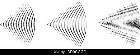 Gepunktete und lineare Schallwellen-Signaleinstellung. Radialradio und Audio-Symbole für Musik. Gekräuseltes Radar-Vibrationselement-Schildbündel. Gekrümmte Impulslinien. Echokardiographie-Symbole. Vektor Stock Vektor