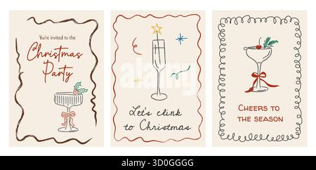 Set aus drei Retro-Weihnachtscocktail-Karten mit handgezeichneten Gläsern, stechpalme und Bändern. Skurriler Doodle-Stil mit Weihnachtsgrüßen und festlichem Ambiente Stock Vektor