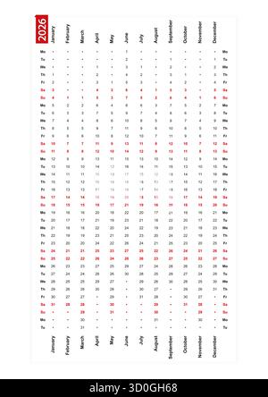 Vertikaler Kalender mit einer Zeile 2026, montag erster Tag der Woche. Vektorabbildung. Stock Vektor