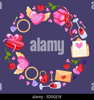 Romantischer Kranz mit Herz, Rose, Geschenk, Brief, Weingläsern und Liebessymbol in einem runden Rahmen in flachem Stil angeordnet. Design für Valentinstag Stock Vektor