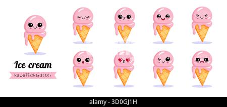 Niedliche Eis-Illustrationen mit lächelnden Gesichtern im Kawaii-Stil, isoliert auf weiß. Stock Vektor