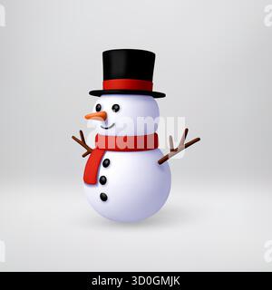 3D-Zeichentrickfilm-Schneemann mit schwarzem Hut und rotem Schal Stock Vektor