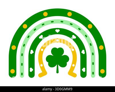 Glücksboho Regenbogen. Vektor-Illustration mit grünem Klee und goldenem Hufeisen. Farbenfrohe St. Patrick’s Day-Designelemente. Symbol für Iren, Glück, Freude Stock Vektor