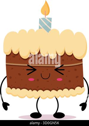 Lächelnde Kuchenfigur in Pastellfarben mit Kirschbelag. Ideal für Partyeinladungen für Kinder, Lebensmittelverpackungen, Drucke und Schreibwaren im kawaii-Stil. Stock Vektor