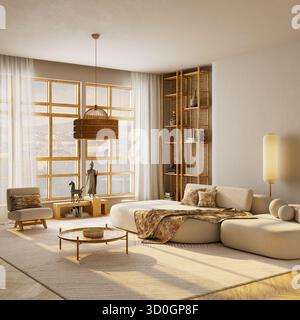 Japandi-Weitwinkel-Innenraum mit gemütlichen Holzmöbeln, warmem Tageslicht und elegantem Negativbereich, perfekt für Text, Kopie oder Poster. 3D i Stockfoto
