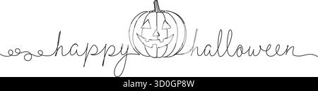 Kontinuierliche einzeilige Zeichnung von Jack-o-Laterne halloween Kürbis mit Text Happy halloween, Linie Art Vektor Illustration Stock Vektor