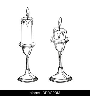 Vektor brennende Kerzen im antiken Kerzenhalter mit Feuer, zwei Kerzen, schwarz-weiße Illustration der Wissenschaft, mystisches Thema, für gemütliche Innenräume, Hand d Stock Vektor