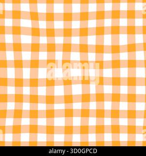 Naives, nahtloses Karomuster in leuchtenden Orange-Farben. Kreatives, trendiges Hintergrunddesign mit Doodle für Kinder. Abstraktes Gingham-Karo. Stock Vektor