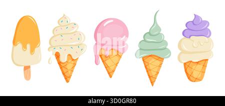 Eine Sammlung von Kawaii-Eiskegeln in verschiedenen Geschmacksrichtungen wie Pink, Orange und Lila mit einem süßen lächelnden Gesicht. Stock Vektor