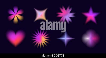 Y2K Schmetterlings- und Blumenverläufe mit holografischem Glanz und Glanz. Retro-Pink und Lila mit fließenden Formen und traumhafter Ästhetik. Pe Stock Vektor