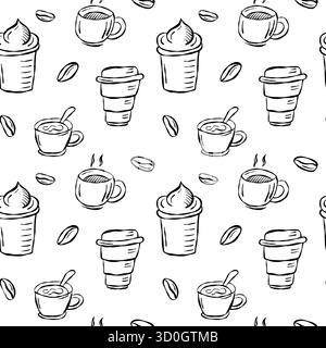 Ein nahtloses Doodle-Muster mit Kaffeetassen, heißen Getränken und Kaffeebohnen, ideal für gemütliche Cafés. Stock Vektor