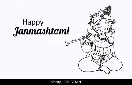 Ein Bannerdesign, das Janmashtami mit Krishnas Flöte, farbenfrohen Ornamenten und festlicher Typografie feiert. Stock Vektor