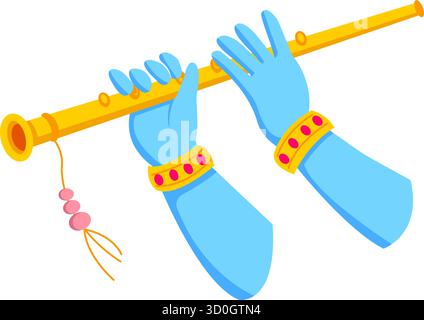 Illustration von Lord Krishna, der eine gelbe Flöte spielt und das Festival von Janmashtami feiert, mit farbenfrohen Accessoires. Stock Vektor