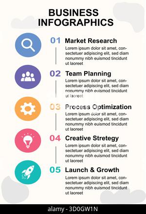 Vorlage für moderne Business Infografik | Schritt-für-Schritt-Marketingprozess mit Symbolen | Marktforschung, Teamplanung, Optimierung, kreative Arbeit Stock Vektor