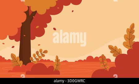 Warme Herbstlandschaft mit einem lebendigen Baum mit saisonalen fallenden Blättern und Laub, geeignet für saisonale Kampagnen und Grußkarten. Stock Vektor