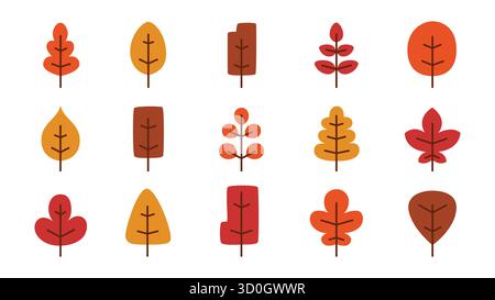 Minimalistische Herbstblätter setzen Illustration isoliert auf weiß mit warmer Farbe von Gelb, Orange und Rot, passend für saisonales Design und dekorativ. Stock Vektor