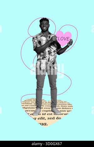 Vertikale Zine Pop Trend Collage von Happy african Guy Show Heart Love Selbstakzeptanz Konzept valentinstag Blogging Feedback Stockfoto