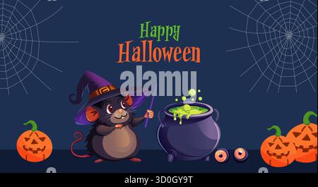 Ein lebendiges Halloween-Banner mit einer niedlichen Maus-Hexe und Kürbissen, mit einem lustigen Halloween-Gruß. Stock Vektor