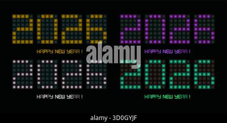 Satz von 2026 digitalen Zahlen auf der Spielanzeigetafel. Farbenfrohes Display, Grußkartenhülle, Kalenderdesign, Einladung zum Neujahr Stock Vektor