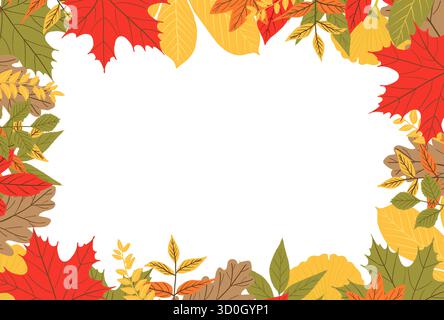 Herbstlaub-Rahmen. Blattrand nach unten. Thanksgiving-Grußkarte. Eiche, Ahorn, Kastanie, rowan, Birke, aspen, Eichel, buntes Laub, saisonabhängig Stock Vektor