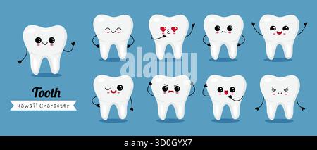 Vektorsammlung von niedlichen Zahnfiguren mit verschiedenen Stimmungen und Gesichtern Stock Vektor