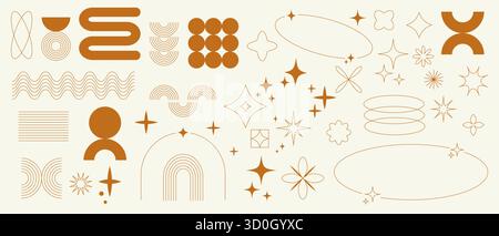 Sammlung minimalistischer ästhetischer Linienkunstelemente im abstrakten Stil auf weißem Hintergrund. Stock Vektor