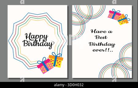 Happy Birthday Grueting Card Design | bunte Geschenkboxen und Kreismuster | kreative Geburtstagswünsche | Feier, Party-Einladung Stock Vektor