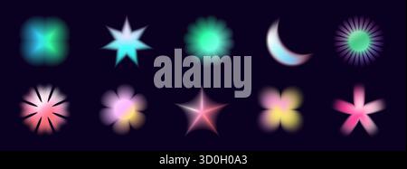 Weiche Y2K-Formen mit Farbverlauf, Verwacklungen und holografischem Übergang. Abstrakte Blumen- und Herzsymbole in Pastellrosa und Blautönen. Ideal für stilvolle M Stock Vektor