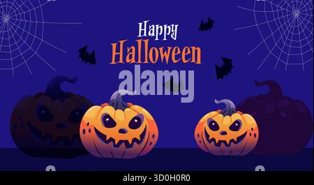 Festliches Halloween-Design mit Kürbissen, Geistern und Sternen auf dunklem Hintergrund mit Happy Halloween Typografie. Ideal für Partyeinladungen und de Stock Vektor